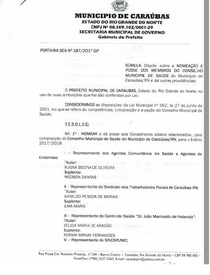 Secretaria de Saúde de Caraúbas divulga Portaria de nomeação e posse dos membros do “Conselho Municipal de Saúde”