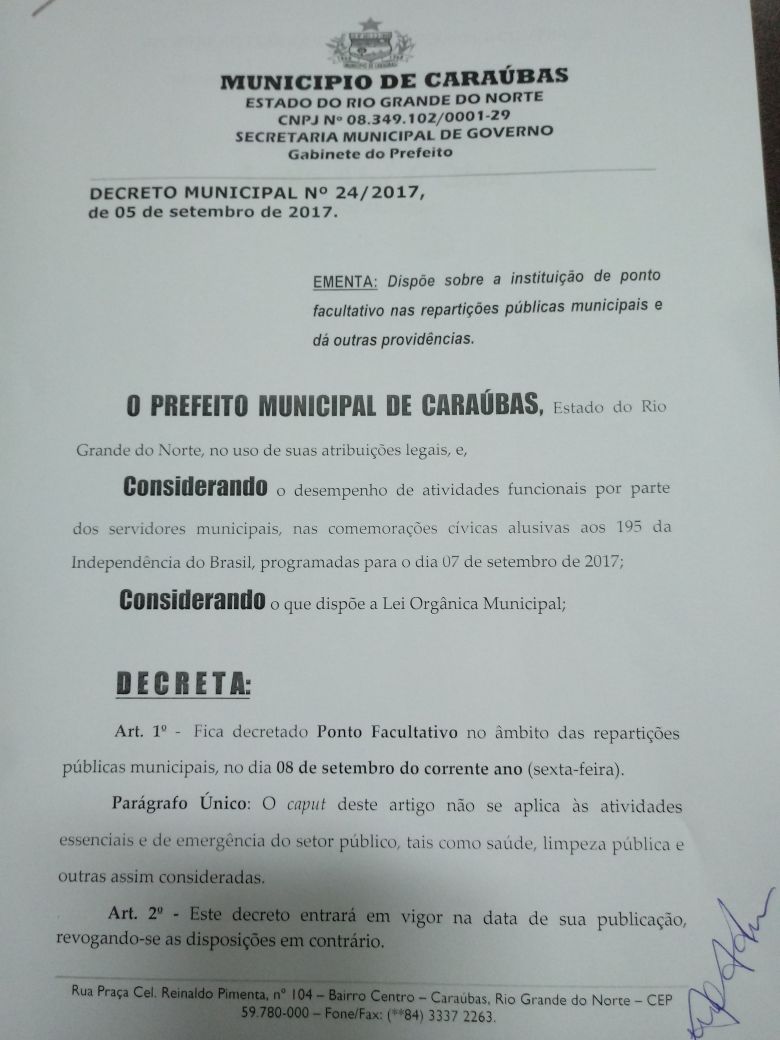 Prefeito Juninho Alves decreta ponto facultativo para a próxima sexta-feira em Caraúbas