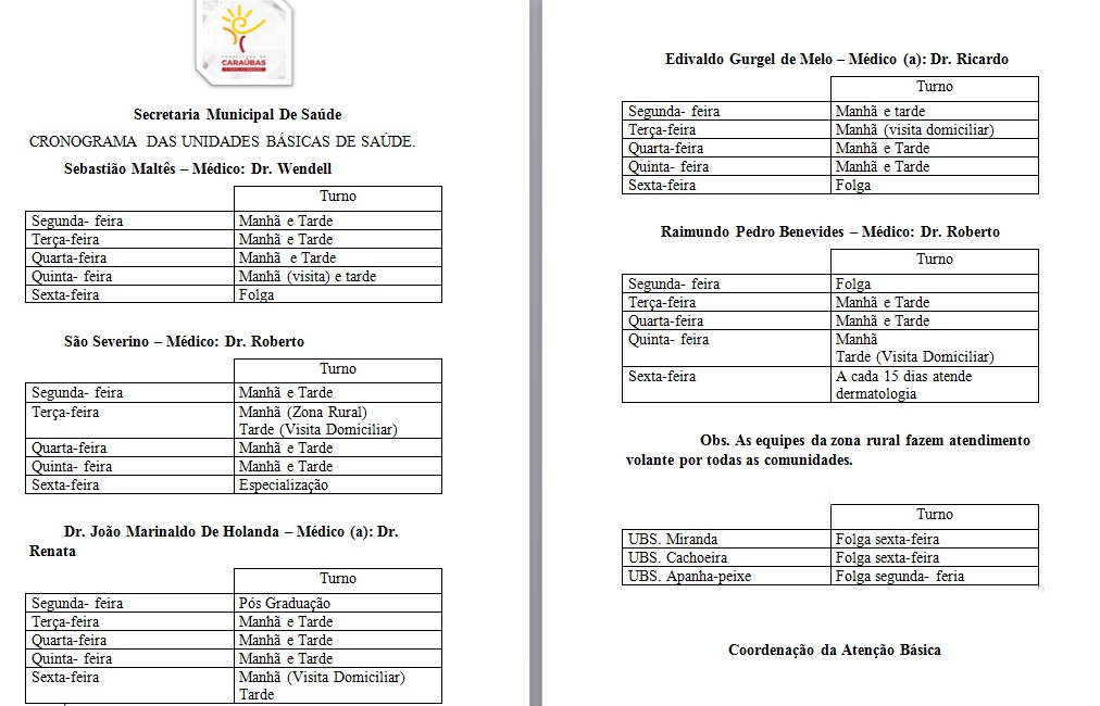 Secretaria de Saúde divulga calendário de atendimento das Unidades Básicas de Saúde do município