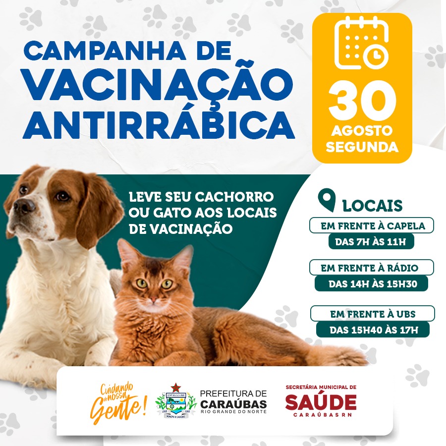 Prefeitura de Caraúbas inicia campanha de vacinação Antirrábica para cães e gatos